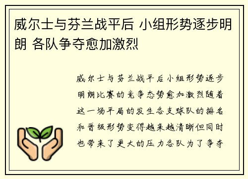 威尔士与芬兰战平后 小组形势逐步明朗 各队争夺愈加激烈