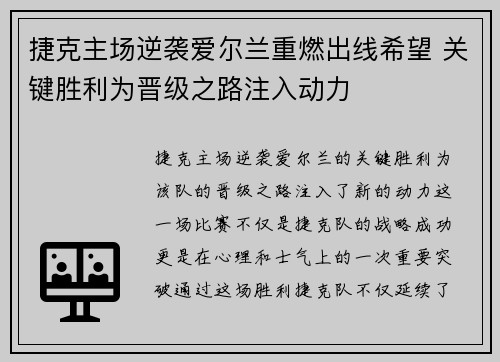 捷克主场逆袭爱尔兰重燃出线希望 关键胜利为晋级之路注入动力