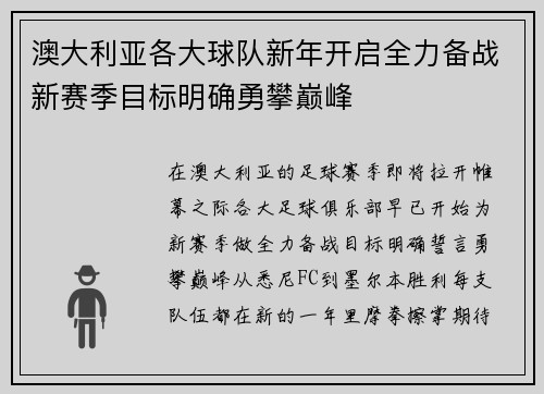 澳大利亚各大球队新年开启全力备战新赛季目标明确勇攀巅峰