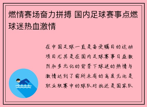 燃情赛场奋力拼搏 国内足球赛事点燃球迷热血激情