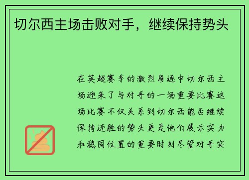 切尔西主场击败对手,继续保持势头