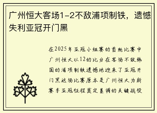 广州恒大客场1-2不敌浦项制铁，遗憾失利亚冠开门黑