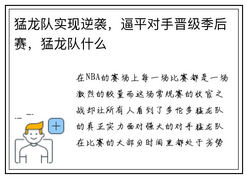 猛龙队实现逆袭,逼平对手晋级季后赛,猛龙队什么
