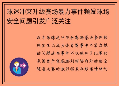 球迷冲突升级赛场暴力事件频发球场安全问题引发广泛关注