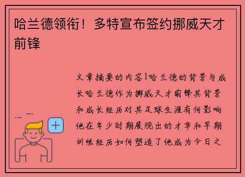 哈兰德领衔！多特宣布签约挪威天才前锋