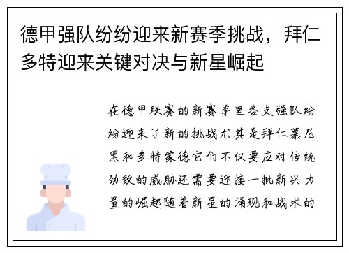 德甲强队纷纷迎来新赛季挑战,拜仁多特迎来关键对决与新星崛起