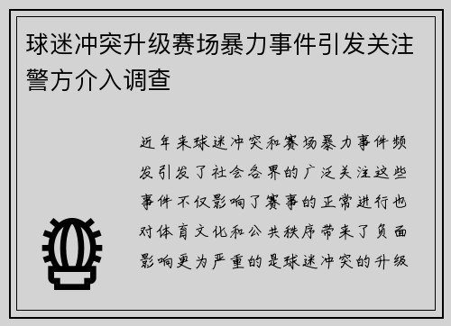 球迷冲突升级赛场暴力事件引发关注警方介入调查