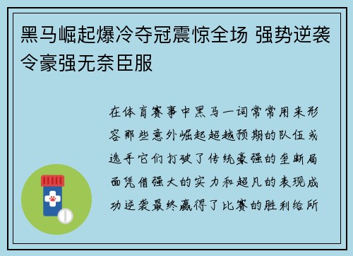 黑马崛起爆冷夺冠震惊全场 强势逆袭令豪强无奈臣服