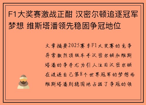F1大奖赛激战正酣 汉密尔顿追逐冠军梦想 维斯塔潘领先稳固争冠地位