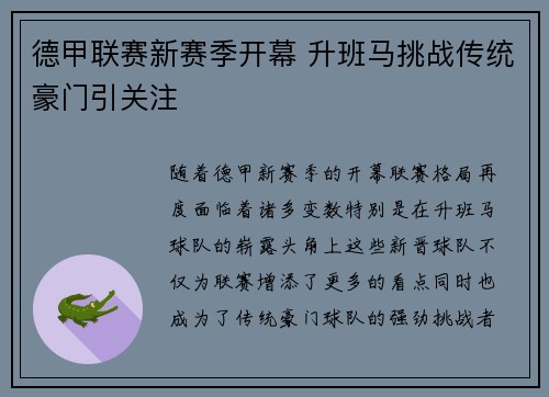 德甲联赛新赛季开幕 升班马挑战传统豪门引关注